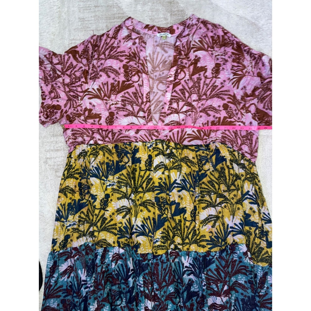 Celandine Women 3X Tropical Palm Print Tiered Maxi Dress Pink Yellow Teal V-Neck - Picture 5 of 6